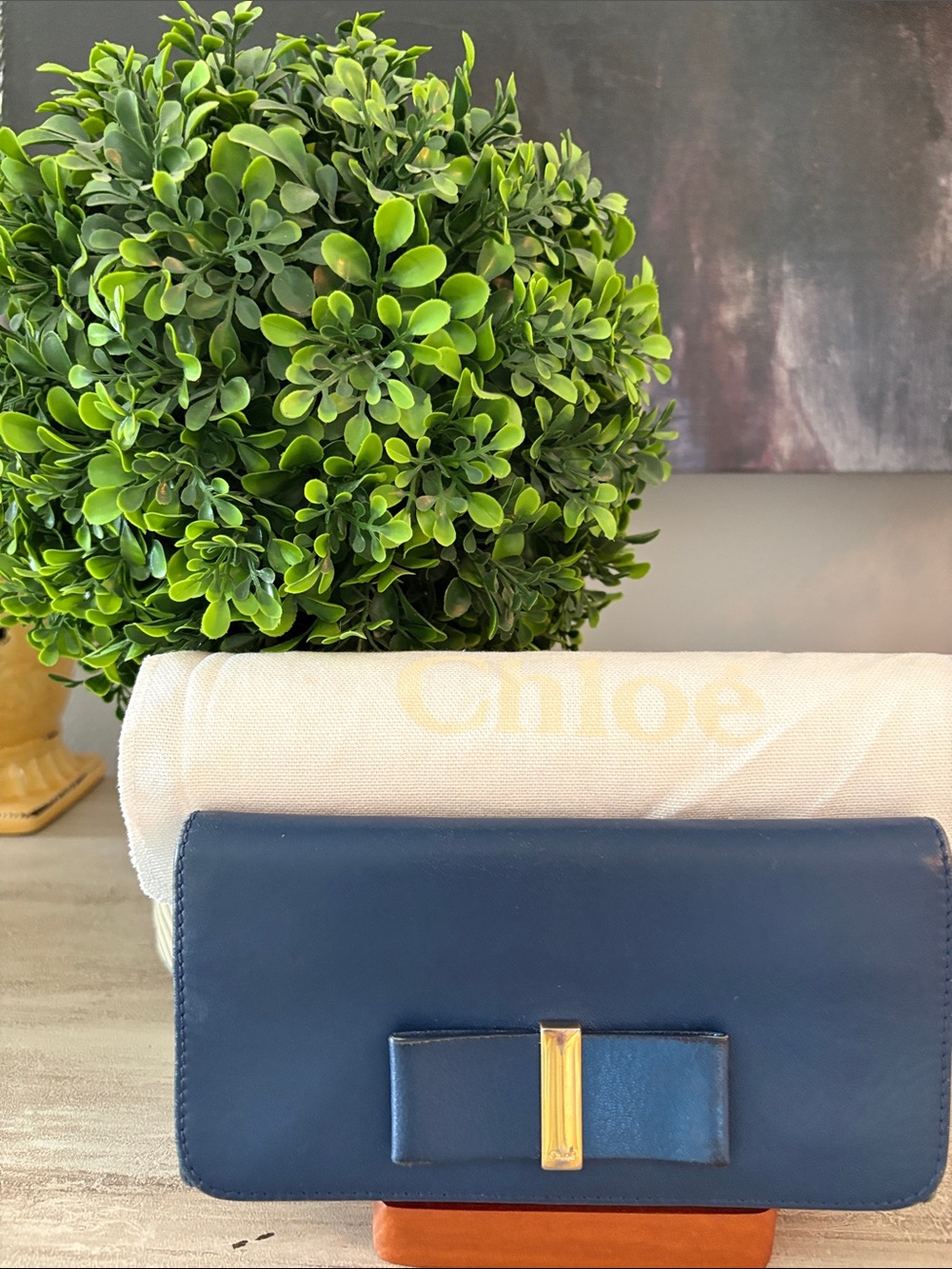 Chloe Navy Leather Wallet with Bow and Gold Bar